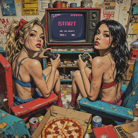 Tableau street art provocant illustrant deux gameuses sexy plongées dans leur jeu vidéo, ambiance destroy dans un décor geek chaotique et vintage.