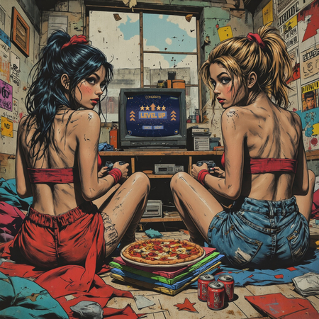 Tableau street art provocant illustrant deux gameuses sexy plongées dans leur jeu vidéo, ambiance destroy dans un décor geek chaotique et vintage.