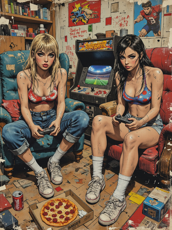 Tableau street art provocant illustrant deux gameuses sexy plongées dans leur jeu vidéo, ambiance destroy dans un décor geek chaotique et vintage.