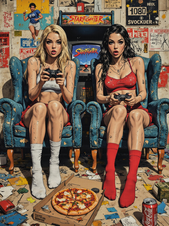 Tableau street art provocant illustrant deux gameuses sexy plongées dans leur jeu vidéo, ambiance destroy dans un décor geek chaotique et vintage.