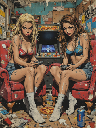 Tableau street art provocant illustrant deux gameuses sexy plongées dans leur jeu vidéo, ambiance destroy dans un décor geek chaotique et vintage.