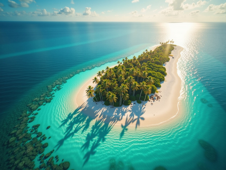 Tableau aérien unique représentant une petite île déserte bordée de plages blanches, entourée d'une mer turquoise. Décoration idéale pour une atmosphère exotique et relaxante.