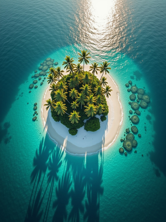 Tableau aérien unique représentant une petite île déserte bordée de plages blanches, entourée d'une mer turquoise. Décoration idéale pour une atmosphère exotique et relaxante.