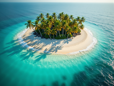 Tableau aérien unique représentant une petite île déserte bordée de plages blanches, entourée d'une mer turquoise. Décoration idéale pour une atmosphère exotique et relaxante.