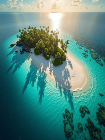 Tableau aérien unique représentant une petite île déserte bordée de plages blanches, entourée d'une mer turquoise. Décoration idéale pour une atmosphère exotique et relaxante.