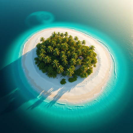 Tableau aérien unique représentant une petite île déserte bordée de plages blanches, entourée d'une mer turquoise. Décoration idéale pour une atmosphère exotique et relaxante.