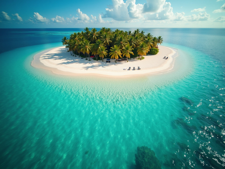 Tableau aérien unique représentant une petite île déserte bordée de plages blanches, entourée d'une mer turquoise. Décoration idéale pour une atmosphère exotique et relaxante.