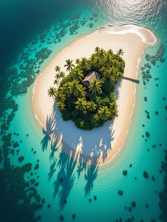 Tableau aérien unique représentant une petite île déserte bordée de plages blanches, entourée d'une mer turquoise. Décoration idéale pour une atmosphère exotique et relaxante.