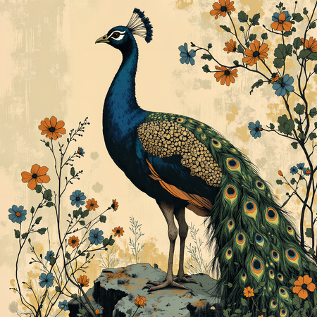 Tableau paon en peinture expressive moderne haut de gamme par Decotab.fr, idéal pour une décoration élégante et vibrante.