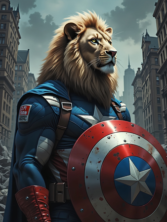 Tableau lion en tenue de super-héros colorée et pop, une œuvre dynamique idéale pour une décoration murale originale et affirmée.