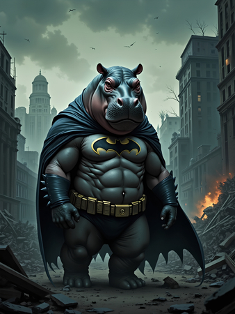 Tableau hippopotame en costume de super-héros sombre dans un décor urbain nocturne. Une décoration murale audacieuse et captivante.