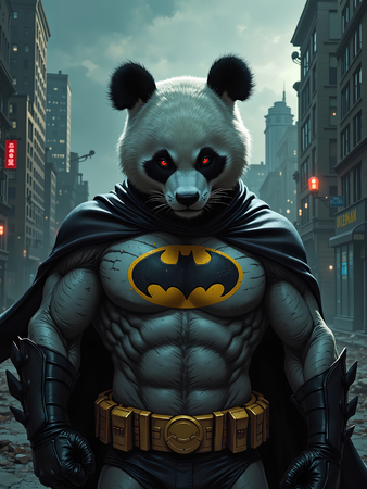 Tableau panda en costume de super-héros dans un décor urbain dynamique. Idéal pour une décoration murale unique et audacieuse.