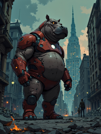 Tableau hippopotame en armure métallique rouge dans un décor urbain dévasté, parfait pour une décoration murale audacieuse et puissante.