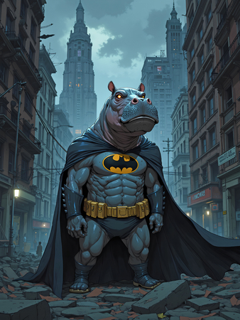 Tableau hippopotame en costume de super-héros sombre dans un décor urbain nocturne. Une décoration murale audacieuse et captivante.