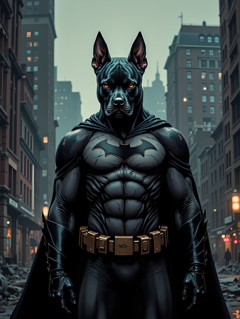 Tableau chien staffie noir en tenue super-héros sombre, parfait pour apporter une touche urbaine et audacieuse à votre décoration intérieure.