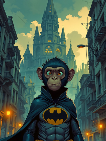 Tableau chimpanzé en super-héros dans un costume sombre et élégant. Une œuvre originale et puissante pour une décoration unique et stylée.