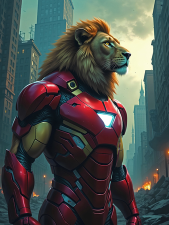 Tableau lion en tenue de super-héros colorée et pop, une œuvre dynamique idéale pour une décoration murale originale et affirmée.