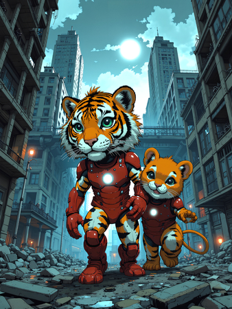Tableau tigre en tenue super-héros colorée disponible aussi en style cartoon, idéal pour une décoration murale moderne et pleine d'énergie.