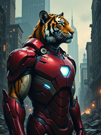 Tableau tigre en tenue super-héros colorée disponible aussi en style cartoon, idéal pour une décoration murale moderne et pleine d'énergie.