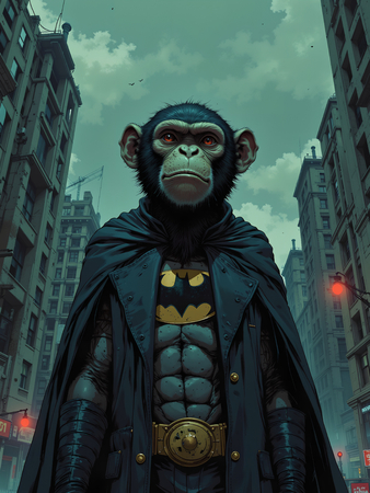 Tableau chimpanzé en super-héros dans un costume sombre et élégant. Une œuvre originale et puissante pour une décoration unique et stylée.