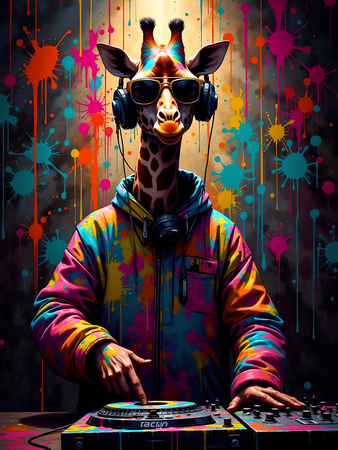 Tableau girafe graffiti en version hip-hop, clown ou DJ. Une œuvre ultra colorée et originale pour une déco pleine d’énergie et d’humour. Exclusivité Decotab.