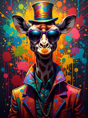 Tableau girafe graffiti en version hip-hop, clown ou DJ. Une œuvre ultra colorée et originale pour une déco pleine d’énergie et d’humour. Exclusivité Decotab.