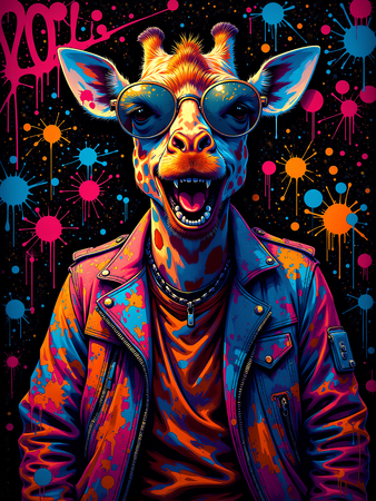 Tableau girafe graffiti en version hip-hop, clown ou DJ. Une œuvre ultra colorée et originale pour une déco pleine d’énergie et d’humour. Exclusivité Decotab.