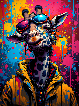 Tableau girafe graffiti en version hip-hop, clown ou DJ. Une œuvre ultra colorée et originale pour une déco pleine d’énergie et d’humour. Exclusivité Decotab.