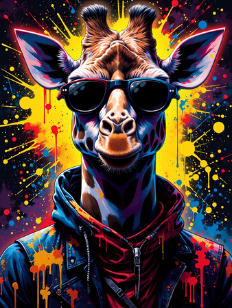 Tableau girafe graffiti en version hip-hop, clown ou DJ. Une œuvre ultra colorée et originale pour une déco pleine d’énergie et d’humour. Exclusivité Decotab.