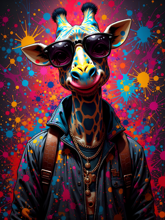 Tableau girafe graffiti en version hip-hop, clown ou DJ. Une œuvre ultra colorée et originale pour une déco pleine d’énergie et d’humour. Exclusivité Decotab.
