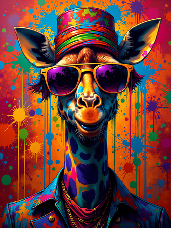 Tableau girafe graffiti en version hip-hop, clown ou DJ. Une œuvre ultra colorée et originale pour une déco pleine d’énergie et d’humour. Exclusivité Decotab.