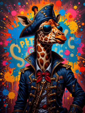 Tableau girafe graffiti en version hip-hop, clown ou DJ. Une œuvre ultra colorée et originale pour une déco pleine d’énergie et d’humour. Exclusivité Decotab.