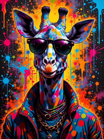Tableau girafe graffiti en version hip-hop, clown ou DJ. Une œuvre ultra colorée et originale pour une déco pleine d’énergie et d’humour. Exclusivité Decotab.