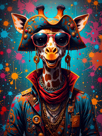 Tableau girafe graffiti en version hip-hop, clown ou DJ. Une œuvre ultra colorée et originale pour une déco pleine d’énergie et d’humour. Exclusivité Decotab.