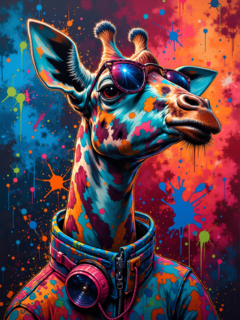 Tableau girafe graffiti en version hip-hop, clown ou DJ. Une œuvre ultra colorée et originale pour une déco pleine d’énergie et d’humour. Exclusivité Decotab.