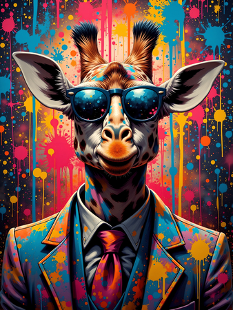 Tableau girafe graffiti en version hip-hop, clown ou DJ. Une œuvre ultra colorée et originale pour une déco pleine d’énergie et d’humour. Exclusivité Decotab.