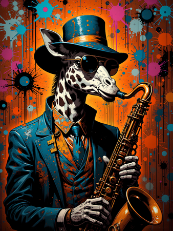 Tableau girafe graffiti en version hip-hop, clown ou DJ. Une œuvre ultra colorée et originale pour une déco pleine d’énergie et d’humour. Exclusivité Decotab.