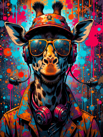 Tableau girafe graffiti en version hip-hop, clown ou DJ. Une œuvre ultra colorée et originale pour une déco pleine d’énergie et d’humour. Exclusivité Decotab.