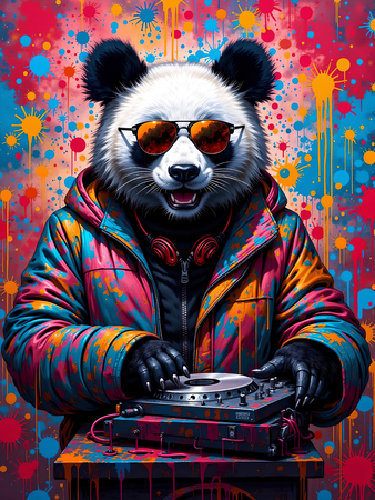 Tableau panda graffiti décliné en DJ, clown, graffeur ou hip-hop. Œuvres exclusives ultra colorées et audacieuses, fabriquées en France par Decotab.