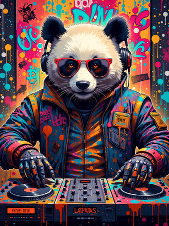Tableau panda graffiti décliné en DJ, clown, graffeur ou hip-hop. Œuvres exclusives ultra colorées et audacieuses, fabriquées en France par Decotab.