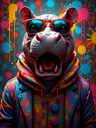 Tableau hippopotame graffiti aux teintes explosives. Un visuel pop, drôle et urbain décliné en plusieurs modèles originaux. Fabrication exclusive Decotab.