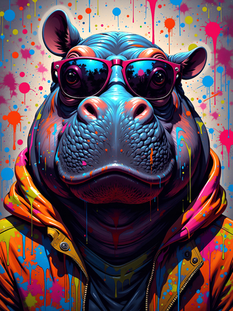 Tableau hippopotame graffiti aux teintes explosives. Un visuel pop, drôle et urbain décliné en plusieurs modèles originaux. Fabrication exclusive Decotab.