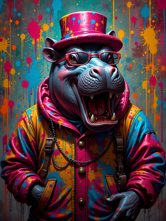 Tableau hippopotame graffiti aux teintes explosives. Un visuel pop, drôle et urbain décliné en plusieurs modèles originaux. Fabrication exclusive Decotab.