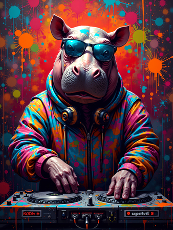 Tableau hippopotame graffiti aux teintes explosives. Un visuel pop, drôle et urbain décliné en plusieurs modèles originaux. Fabrication exclusive Decotab.