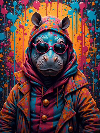 Tableau hippopotame graffiti aux teintes explosives. Un visuel pop, drôle et urbain décliné en plusieurs modèles originaux. Fabrication exclusive Decotab.