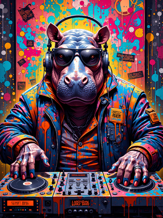 Tableau hippopotame graffiti aux teintes explosives. Un visuel pop, drôle et urbain décliné en plusieurs modèles originaux. Fabrication exclusive Decotab.