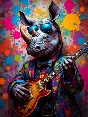Tableau rhinocéros graffiti aux couleurs extrêmes. Une œuvre urbaine, puissante et ultra colorée, disponible en plusieurs styles exubérants. Exclusivité Decotab.