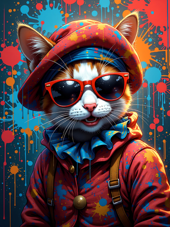 Tableau chat graffiti décliné en plusieurs versions : fashion, DJ, clown, poétique ou urbain. Une série exclusive Decotab pour une déco colorée et expressive.