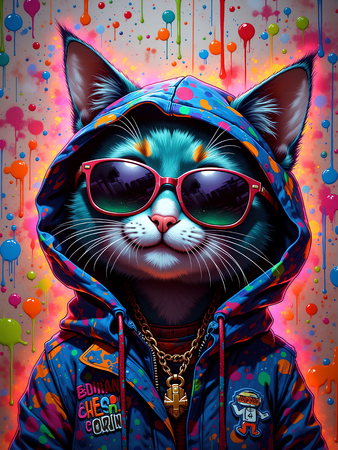 Tableau chat graffiti décliné en plusieurs versions : fashion, DJ, clown, poétique ou urbain. Une série exclusive Decotab pour une déco colorée et expressive.