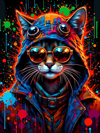 Tableau chat graffiti décliné en plusieurs versions : fashion, DJ, clown, poétique ou urbain. Une série exclusive Decotab pour une déco colorée et expressive.